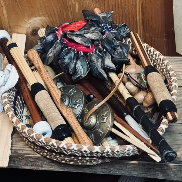 Hand percussion basket in the cabin studio